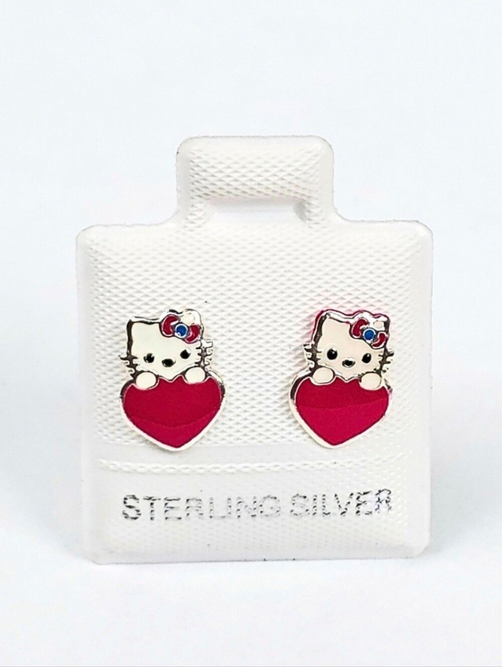Hello Kitty Heart Stud Earrings Enamel 925 Sterling Silver 10mm